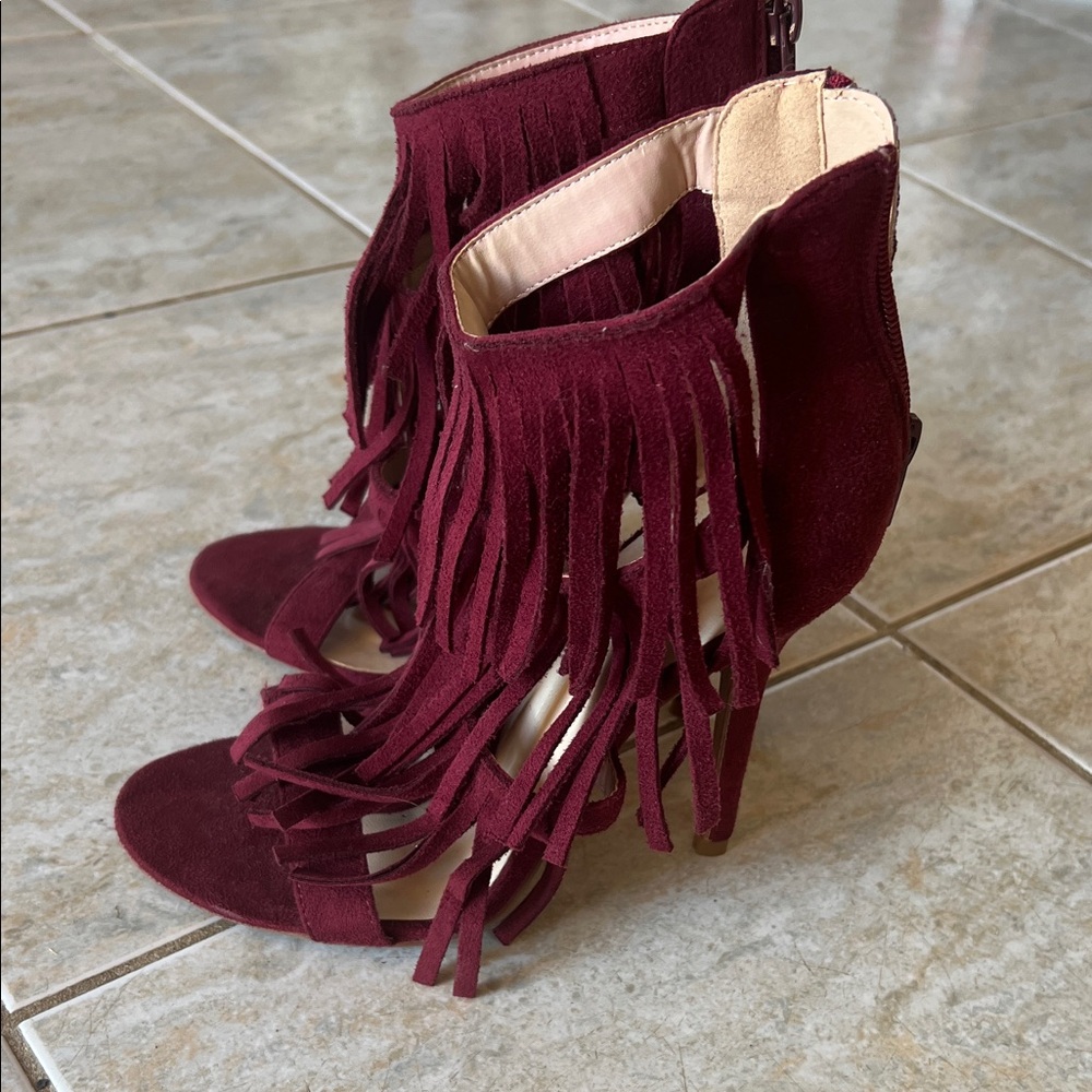 Fringe Burgundy Heeled Sandals - Picture 1 of 10